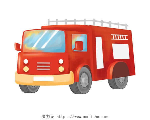 红色手绘卡通消防车汽车元素PNG素材